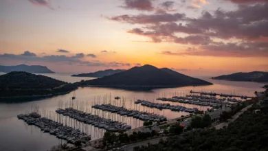sailboats and yachts moored in setur kas marina at dusk