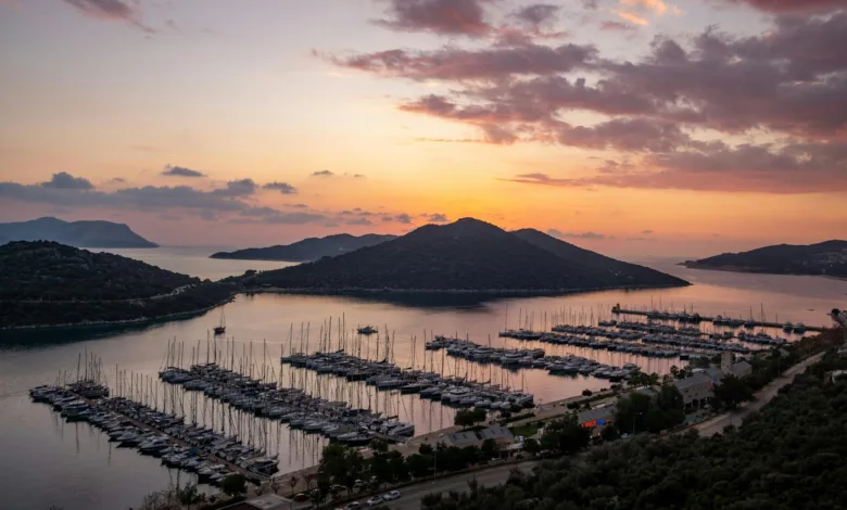 sailboats and yachts moored in setur kas marina at dusk