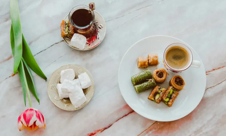 overhead shot of a plate with a cup of coffee and baklava