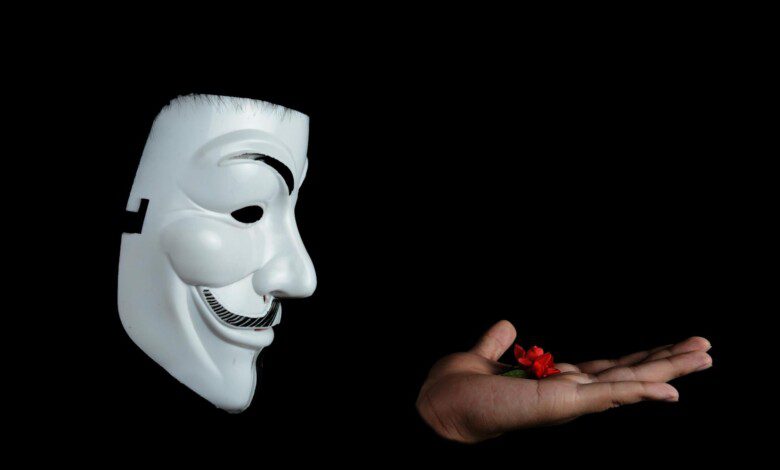 guy fawkes mask and red flower on hand