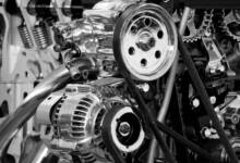 greyscale photography of car engine