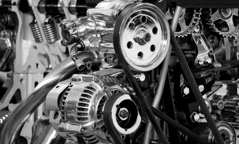 greyscale photography of car engine