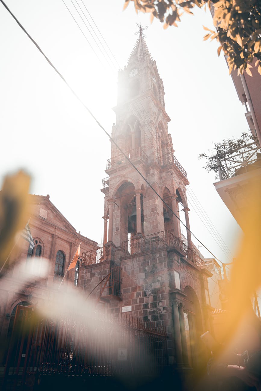 bell tower of st athanasios cathedral in mitilini on the greek island of lesbos