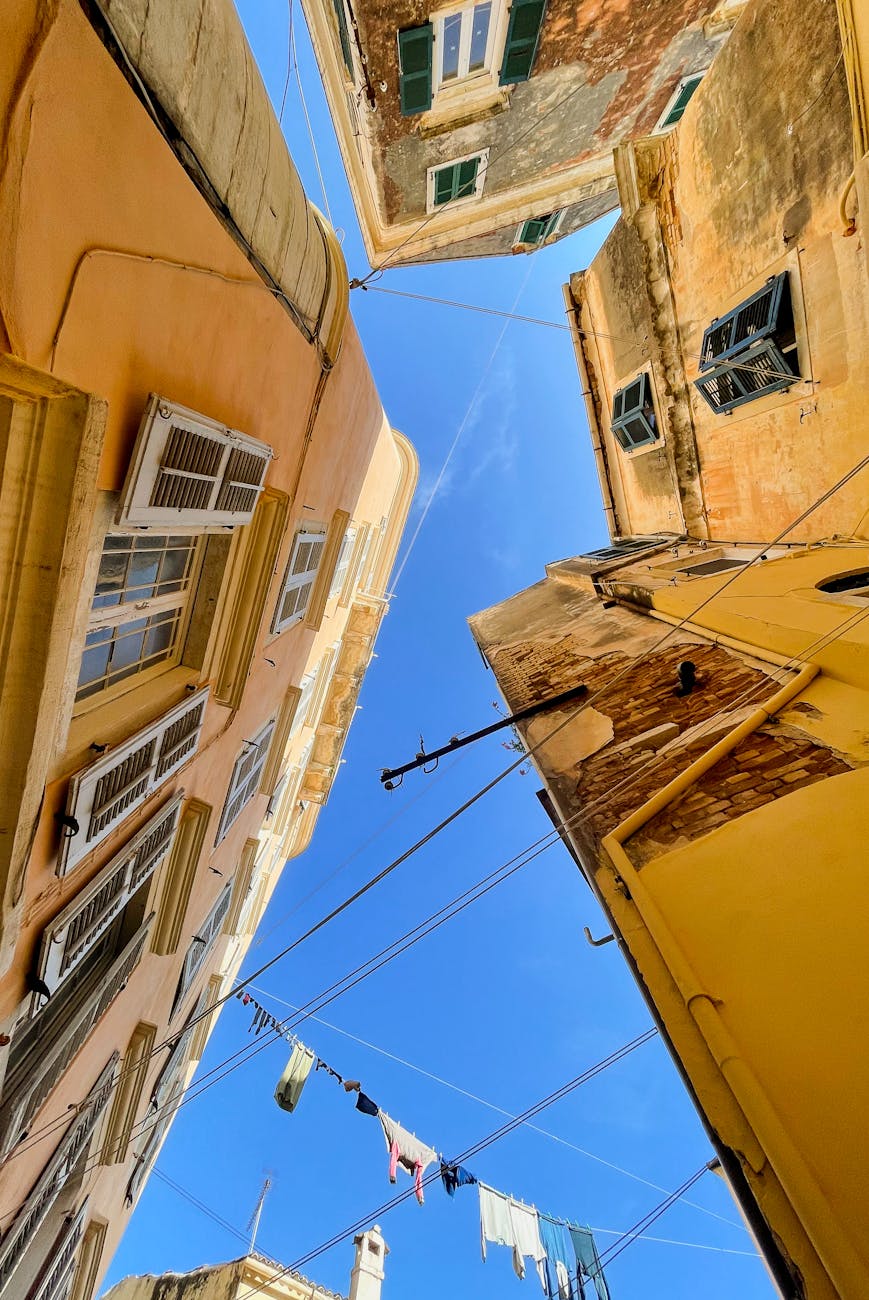 colorful corfu architecture with blue skies